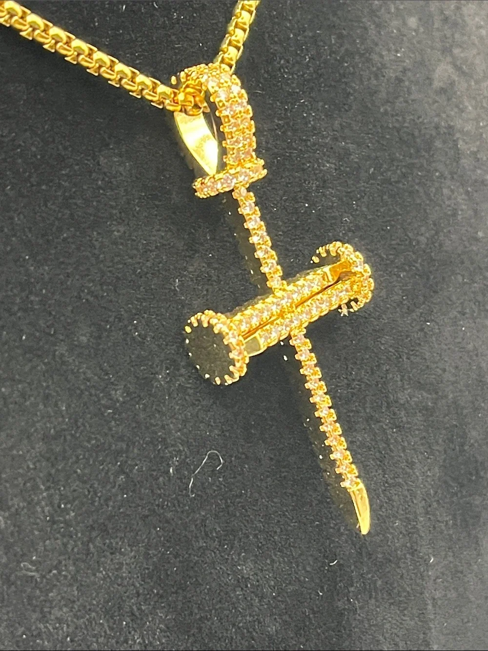 24”, Gold over Stainless Steel Crystal Nail Cross Pendant w/ Rollo Necklace